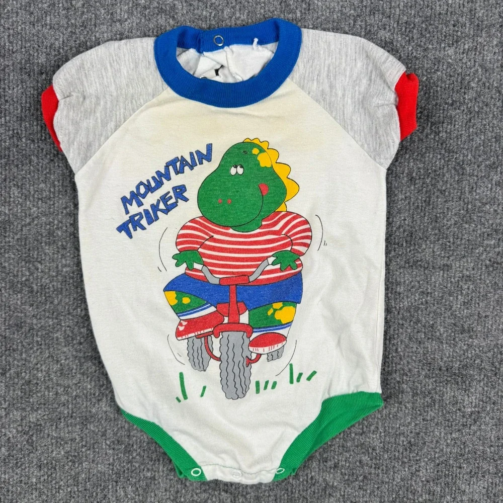 Vintage Bodysuit Unisex Size 12M White Mountain Triker Dinosaur Graphic Retro
